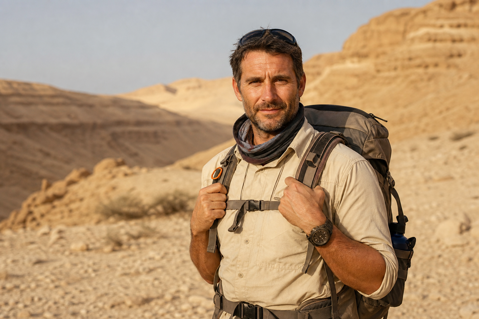 NegevTrail desert guide with backpack