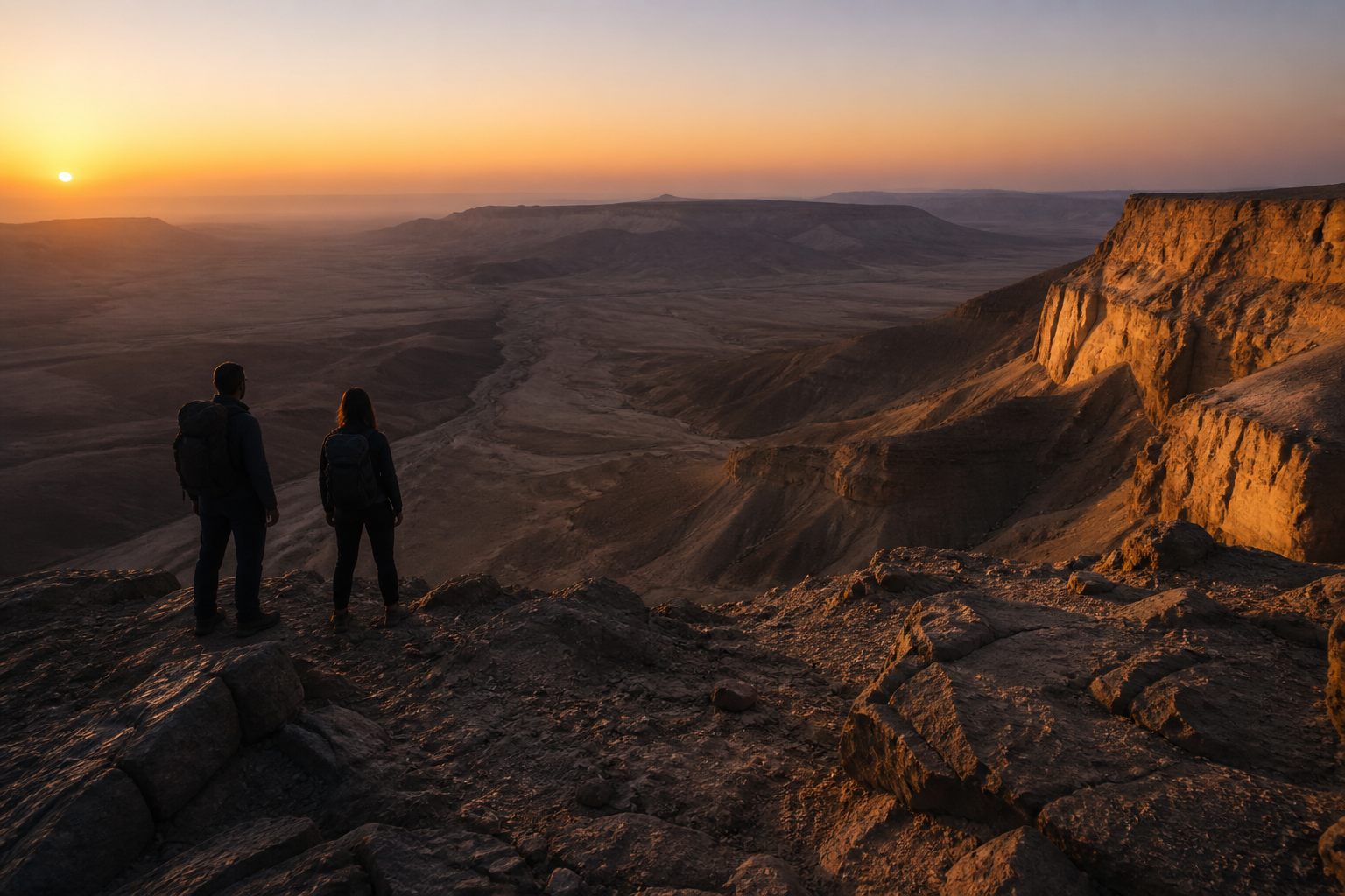 Hikers at dawn on a Negev crater rim